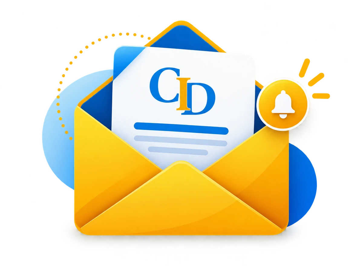 Ilustración de un sobre dorado abierto con una tarjeta del CID y una campana de notificaciones, alusiva a recibir información del CID 2 – 2027.